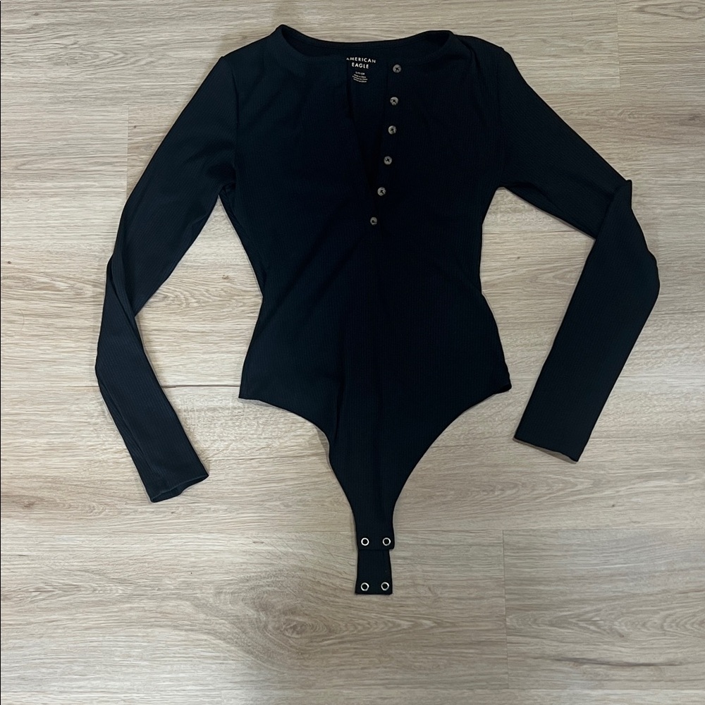 American Eagle Long Sleeve Black Ribbed Henley Bodysuit